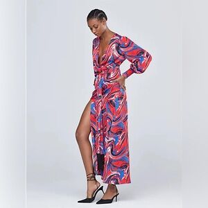 NWT Gabrielle Union x New York & co. Womens M Red Blue Marble-Print Maxi Dress